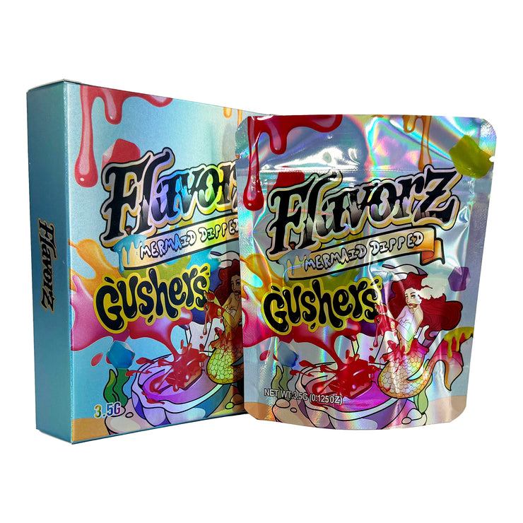 Flavorz Mermaid Dipped Gushers 3.5g Holographic Bag with Matching Box Design (500 Units / Per Lot)