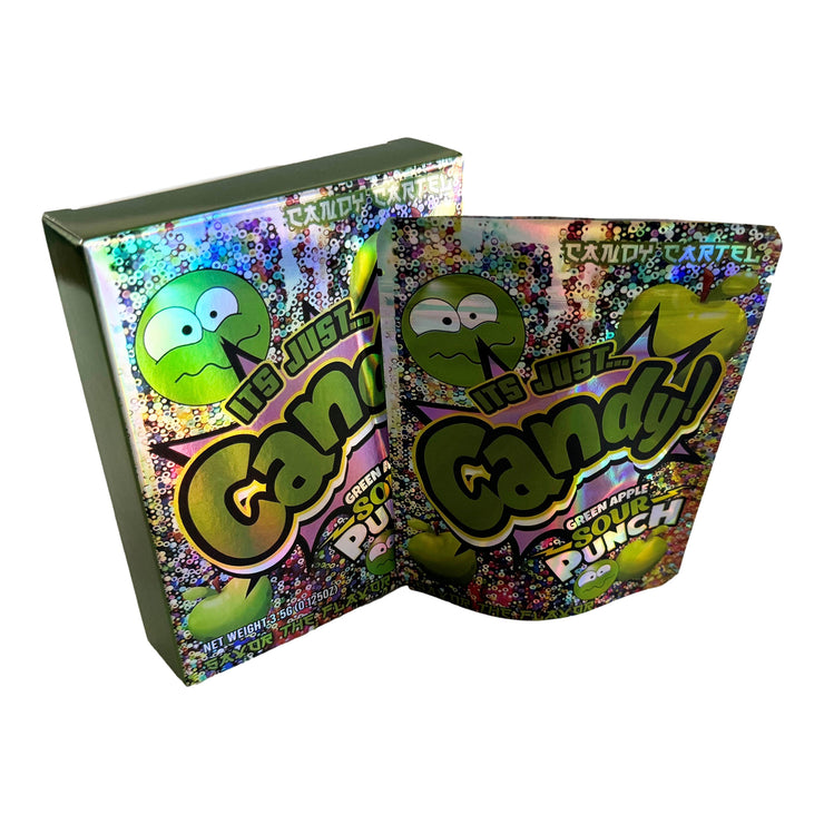 Green Apple Sour Punch 3.5g Holographic Bag with Matching Box Design (500 Units / Per Lot)