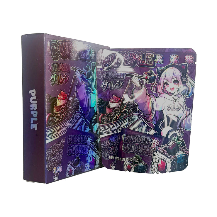 Purple Glushi 3.5g Holographic Bag with Matching Box Design (500 Units / Per Lot)
