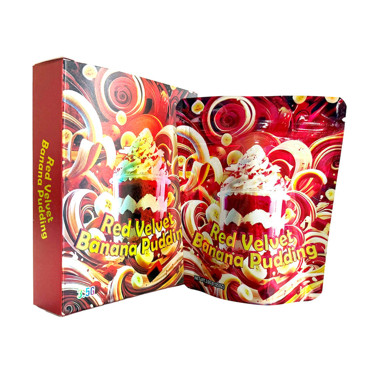 Red Velvet Banana Pudding 3.5g Holographic Bag with Matching Box Design (500 Units / Per Lot)