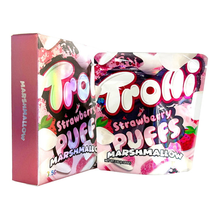Trolli Strawberry Puffs Marshmallow 3.5g Holographic Bag with Matching Box Design (500 Units / Per Lot)